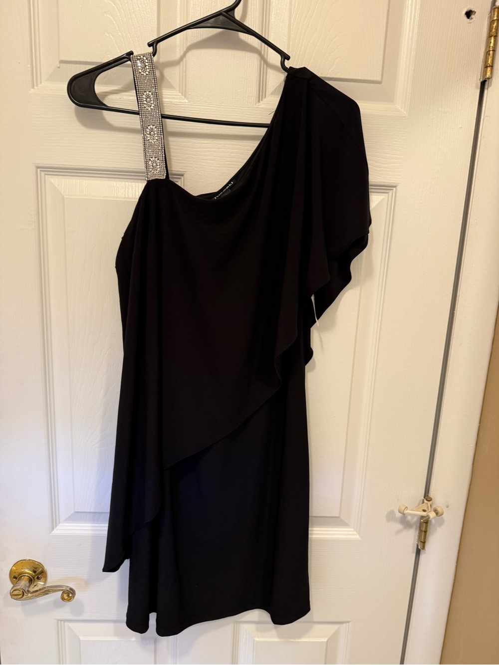 Roz & Ali Black One-Shoulder Dress with Crystal-Embellished Strap
